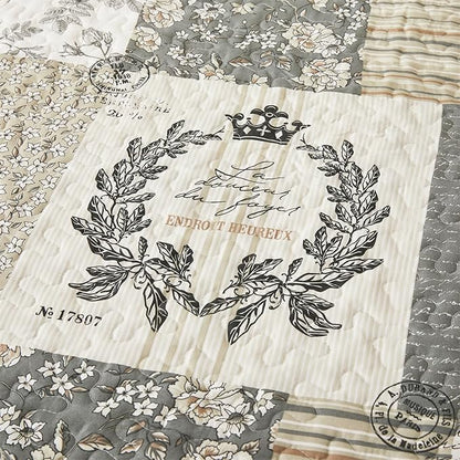Cmfshape Floral Quilt Queen,3-Pcs Bird Pattern Queen Set,Lightweight Bedspread for Size Bed,Grey Plaid Farmhouse Reversible Bed All Season,Country Quilted Blanket(Grey&White Queen90”x90”)