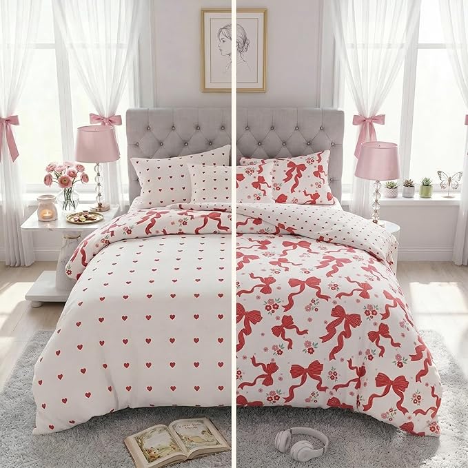 Red Bow Comforter Set Twin for Girls, 2Pcs Ribbon Bowknot Bedding for Kids Kawaii Bedroom Decor, Dreamy Priness Girly Puple Stripe Bows Comforter Set with 1 Pillowcase, 68"x86"