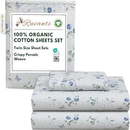 RUVANTI 100% Organic Cotton Sheets Twin Size, Percale Weave, GOTS Certified, 3-Piece Set, Deep Pocket 15", Crisp & Breathable, Soft Durable Bedding, Sábanas Algodón Orgánico – Butter Flight