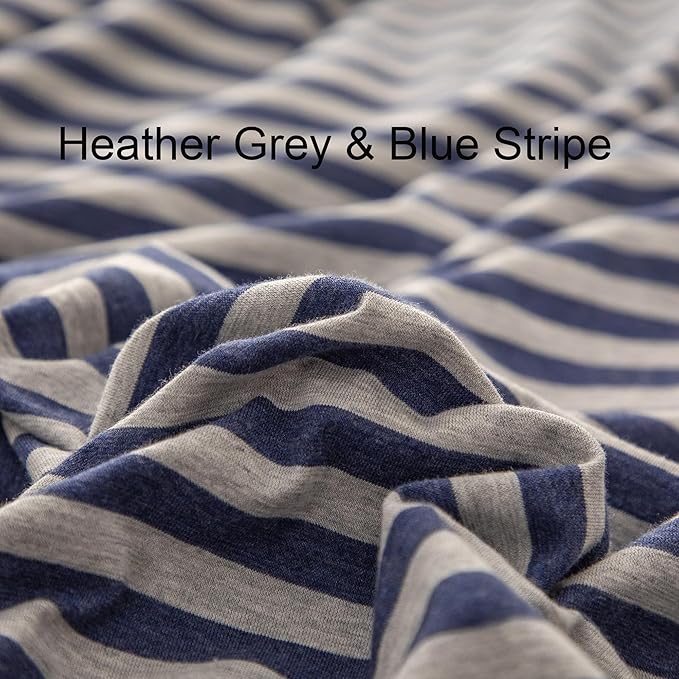 PURE ERA Jersey Knit Duvet Cover Set 100% T-Shirt Heather Cotton Super Soft Comfy Classic Striped Design, with Zipper Closure, Heather Grey Blue Stripe, Queen