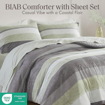 Madison Park Essentials Jaxon Twin Comforter Set, Bed in A Bag Comforter & Sheet Set, Modern Casual Stripes Print, All Seasons, Soft Bedding Makeover, Matching Sham, Twin Green/Grey 5 Piece