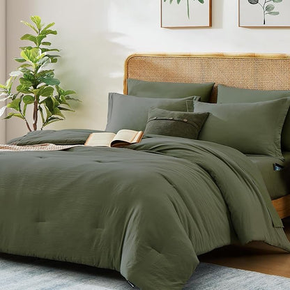 WRENSONGE Full Size Comforter Sets, 7 Pieces Olive Green Bed in a Bag with Fitted Sheet, Flat Sheet, 2 Pillow Shams, 2 Pillowcases, Warm Bedding Sets for All Season