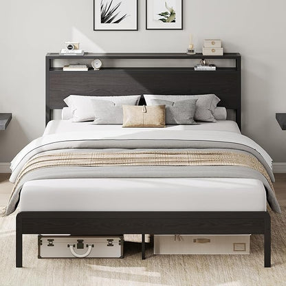 LIKIMIO Full Bed Frame with Headboard, Dark Wood Camas Full with Strong Supports, Sturdy, Noise-Free, No Box Spring Needed, Classic Black