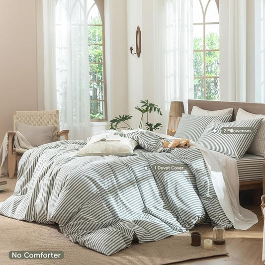 MooMee Striped Duvet Cover Set 100% Washed Cotton Linen Like Textured Breathable Durable Soft Comfy (Heathered Green Classic Stripes, Cal King 104"x98")