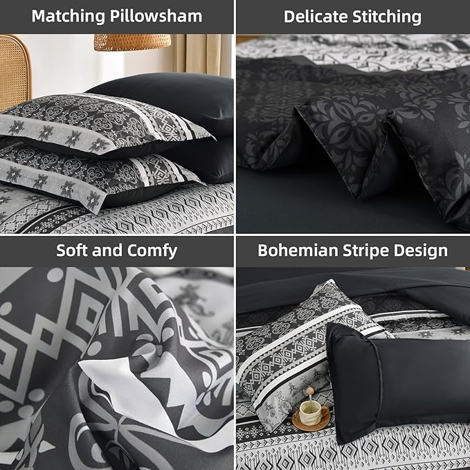 Boho Comforter Set Queen Size,7 Pieces Bohemian Comforter Bedding Set Bed in a Bag,Dark Grey Paisley Floral Comfortet and Sheet Set,Soft Gray Striped Bedding Sets for All Season