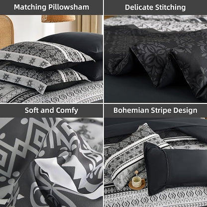 Boho Comforter Set Queen Size,7 Pieces Bohemian Comforter Bedding Set Bed in a Bag,Dark Grey Paisley Floral Comfortet and Sheet Set,Soft Gray Striped Bedding Sets for All Season
