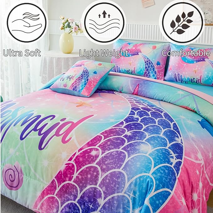 RYNGHIPY Mermaid Queen Kids Bedding Set, Rainbow Comforter Set with Sheets, 6 Pieces Teen Girls Bed in a Bag