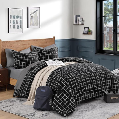 Andency Black Grid Comforter Set Full Size (79x90 Inch), 3 Pieces(1 Grid Comforter and 2 Pillowcases), Summer Lightweight Microfiber Down Alternative Black Comforter with White Lines