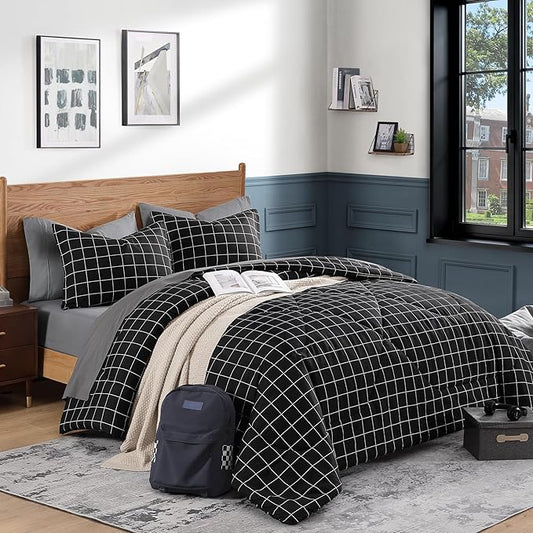 Andency Black Grid Comforter Set King Size (104x90 Inch), 3 Pieces(1 Grid Comforter and 2 Pillowcases), Summer Lightweight Microfiber Down Alternative Black Comforter with White Lines