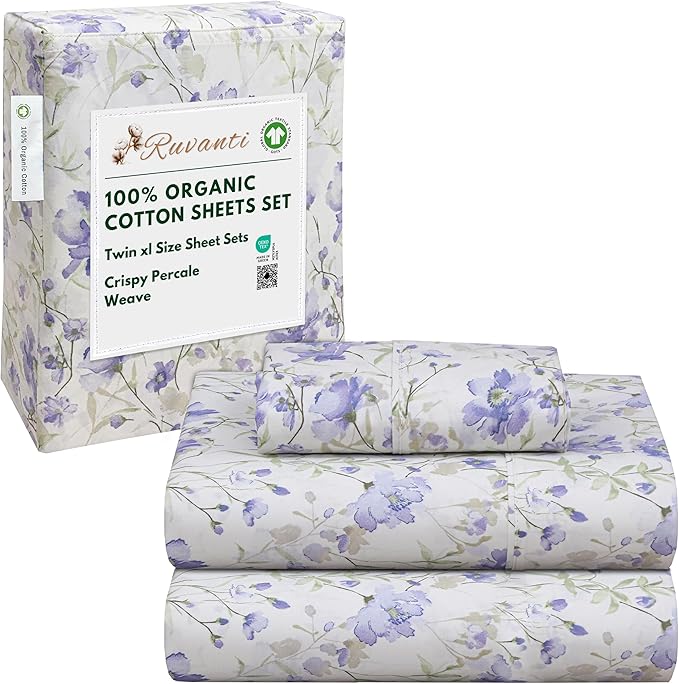 RUVANTI 100% Organic Cotton Sheets Twin XL, Percale Weave, GOTS Certified, 3-Piece Set, Deep Pocket 15", Crisp & Breathable, Soft Durable Bedding, Sábanas Algodón Orgánico – Heather