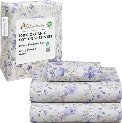 RUVANTI 100% Organic Cotton Sheets Twin XL, Percale Weave, GOTS Certified, 3-Piece Set, Deep Pocket 15", Crisp & Breathable, Soft Durable Bedding, Sábanas Algodón Orgánico – Heather