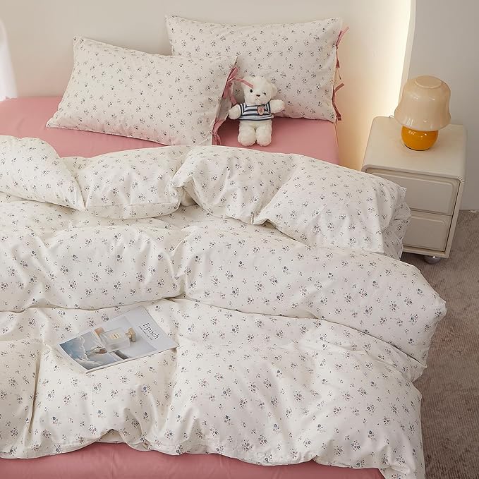 VM VOUGEMARKET Girls Duvet Cover Queen Ditsy Floral Bedding Set Cotton Cottagecore Duvet Cover and 2 Pillowcase with Bow-tie Girls Cute Comforter Cover with Zipper Closure