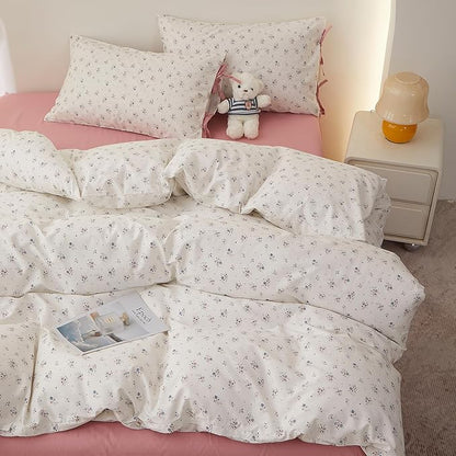 VM VOUGEMARKET Girls Duvet Cover Queen Ditsy Floral Bedding Set Cotton Cottagecore Duvet Cover and 2 Pillowcase with Bow-tie Girls Cute Comforter Cover with Zipper Closure