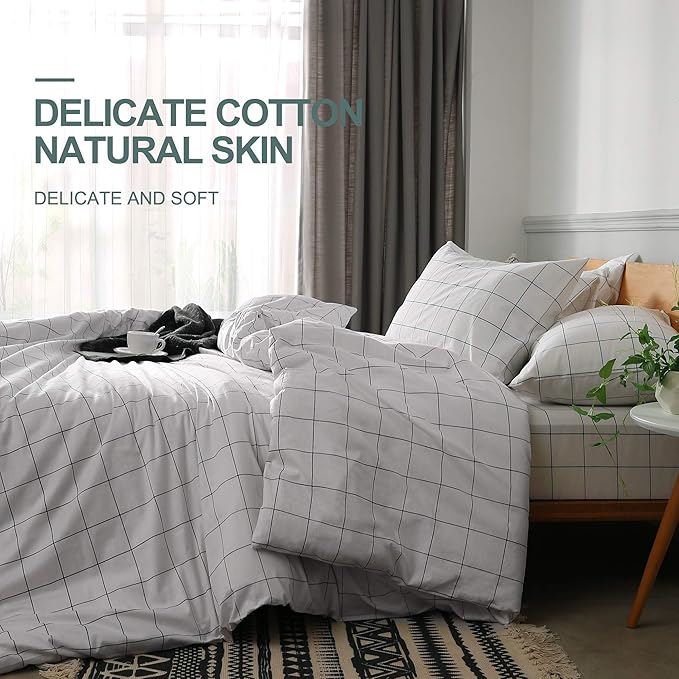 JELLYMONI 100% Natural Cotton 2pcs Plaid Duvet Cover Sets,White with Black Grid Geometric Pattern Printed Comforter Cover,with Zipper Closure & Corner Ties(Twin Size)