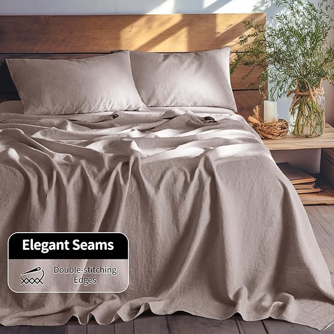 LBRO2M 100% Pure Linen Sheet Set Deep Pocket Up to 16" Bed Sheets Sets, Natural Flax Beddings Soft, Breathable, Comfortable for All Seasons 4 Pcs Sheet Set California King Size, Mauve Desert