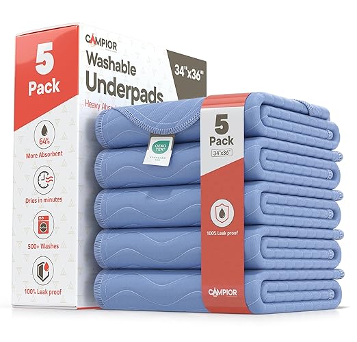 Washable Underpads Large 34"x36" (Pack of 5) – Reusable Waterproof Bed Pads for Adults & Seniors, Extra Heavy Absorbency Incontinence & Bedwetting Pads, Soft Non-Slip TPU Backing, Blue.