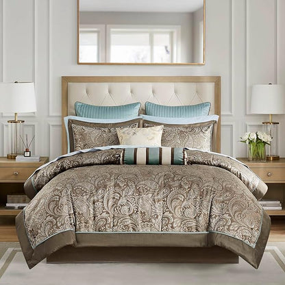 Madison Park Aubrey Cozy Comforter Set, Faux Silk Jacquard Paisley Design - All Season Down Alternative Bedding with Cotton Bed Sheets, Bed Skirt & Toss Pillows, Queen Blue 12 Piece