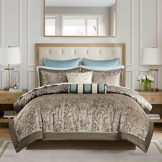 Madison Park Aubrey Cozy Comforter Set, Faux Silk Jacquard Paisley Design - All Season Down Alternative Bedding with Cotton Bed Sheets, Bed Skirt & Toss Pillows, California King Blue 12 Piece