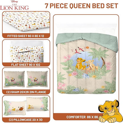 Jay Franco Kids Comforter Set Includes Sheets and Pillow Covers - Soft and Cozy Bed Set for Stylish Room Decor, Multi - Lion King, 7 Piece Queen Size Bedding