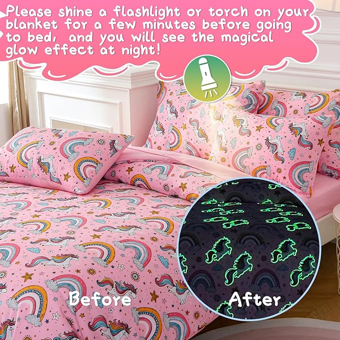 Glow in The Dark Kids Comforter Set, 5 Pieces Pink Unicorn Bedding Set Twin Size for Boys Girls Teen, 1 Comforter, 1 Pillowcase, 1 Pillow Sham,1 Flat Sheet, 1 Fitted Sheet