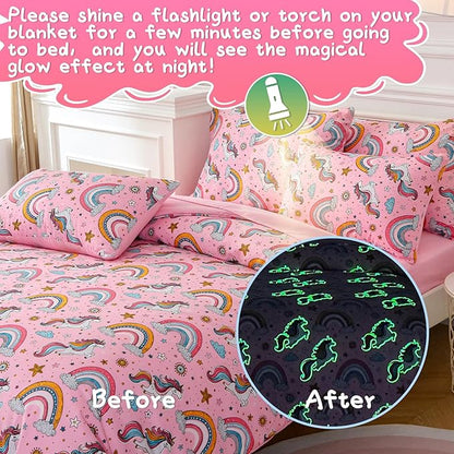 Glow in The Dark Kids Comforter Set, 7 Pieces Pink Unicorn Bedding Set Full Size for Boys Girls Teen, 1 Comforter, 2 Pillowcases, 2 Pillow Shams, 1 Flat Sheet, 1 Fitted Sheet
