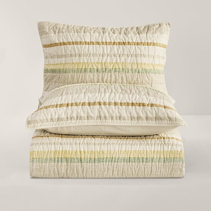 Wonderful 100% Cotton Quilt Set Queen Size Striped Fall Bedding, Natural Dyed Cozy & Breathable Coverlet, Soft Pre-Washed Bedspread (Light Yellow/Green)