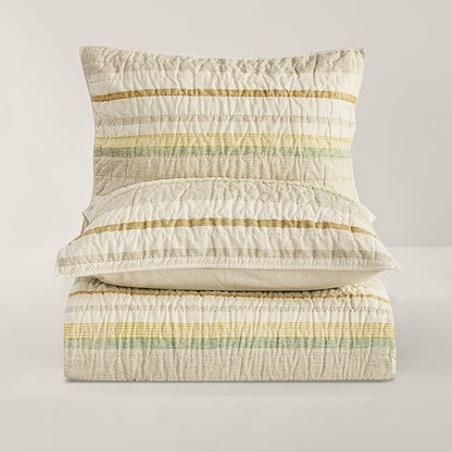 Wonderful 100% Cotton Quilt Set Queen Size Striped Fall Bedding, Natural Dyed Cozy & Breathable Coverlet, Soft Pre-Washed Bedspread (Light Yellow/Green)