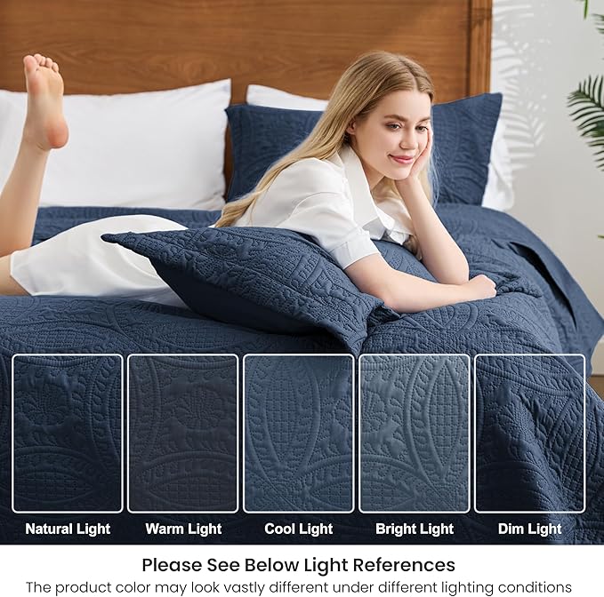 Love's cabin Quilts for Queen Bed Navy Blue Bedspreads - Soft Bed Summer Lightweight Bedspread Comforter - Modern Style Coin Pattern Coverlet for All Season - 3 Pieces (1 Quilt, 2 Pillow Shams)