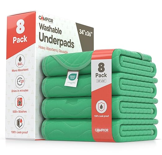 Washable Underpads Large 34"x36" (Pack of 8) – Reusable Waterproof Bed Pads for Adults & Seniors, Extra Heavy Absorbency Incontinence & Bedwetting Pads, Soft Non-Slip TPU Backing, Green.