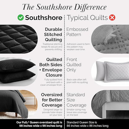 Southshore Fine Living, Inc. Quilts Queen Size Sets, Full Quilt Bedding Set, Pet Hair Resistant Bedding Coverlet Queen Size, Full Size Quilt, Microfiber Comforter with 2 Pillow Shams, Black Quilts