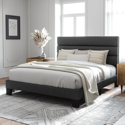 Allewie Full Size Platform Bed Frame with Fabric Upholstered Headboard Gray | Wooden Slats Support, Fully Upholstered Mattress Foundation, No Box Spring Needed, Easy Assembly, Noise-Free, Dark Grey