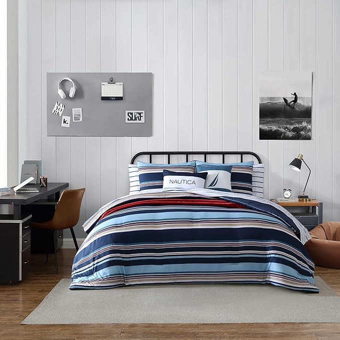Nautica - King Comforter Set, Ultra Soft Bedding with a Woven Textured Feel, Medium Weight for Year Round Comfort, 5 Piece Bed Set with Matching Pillowcases & Bonus Throw Pillows (Colton Blue)