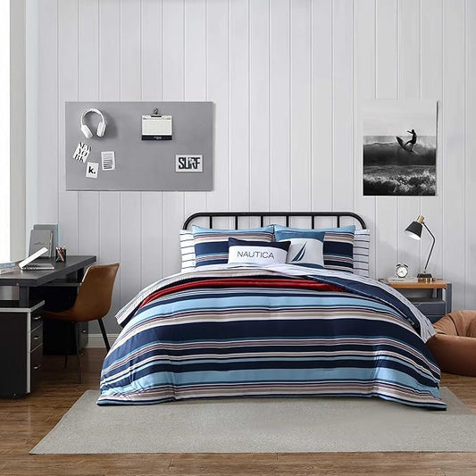 Nautica - King Comforter Set, Ultra Soft Bedding with a Woven Textured Feel, Medium Weight for Year Round Comfort, 5 Piece Bed Set with Matching Pillowcases & Bonus Throw Pillows (Colton Blue)