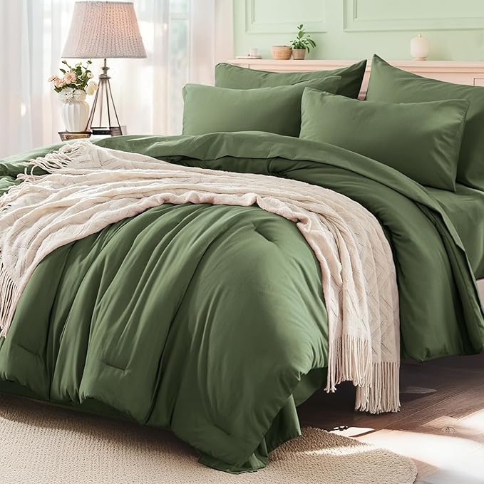 Anluoer Full Comforter Set 7 Pieces, Olive Green Bed in a Bag with Sheets, All Season Bedding Sets with 1 Comforter, 2 Pillow Sham, 2 Pillowcase, 1 Flat Sheet, 1 Fitted Sheet