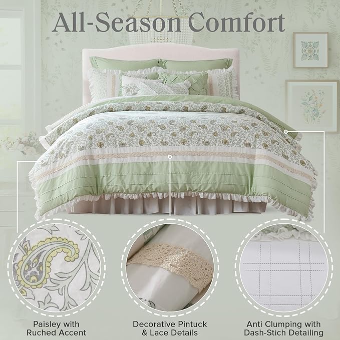 Madison Park Cal King Comforter Set Cottage Cotton Comforter for Cal King Size Bed, All Season, Lightweight Cal King Cotton Bedding Include Shams, Bedskirt & Décor Pillows, Dawn, Sage Green 9 Piece