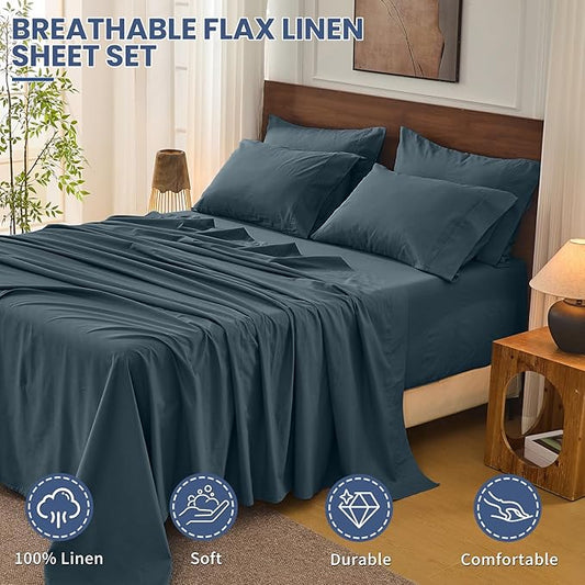Bedlifes 100% French Flax Linen Sheets Set Queen Size - 6 Piece Extra Deep Pocket 18-24",Soft Breathable Queen Bed Sheets with Temperature Regulating & Moisture-Wicking(Cool Gray
