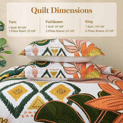2 Piece Boho Floral Quilt Sets Twin Size Farmhouse Botanical Reversible Lightweight Bedspread Coverlet with 1 Sham Mid Century Leaves Microfiber Bedding Quilts Set for All Season, 68''x86''
