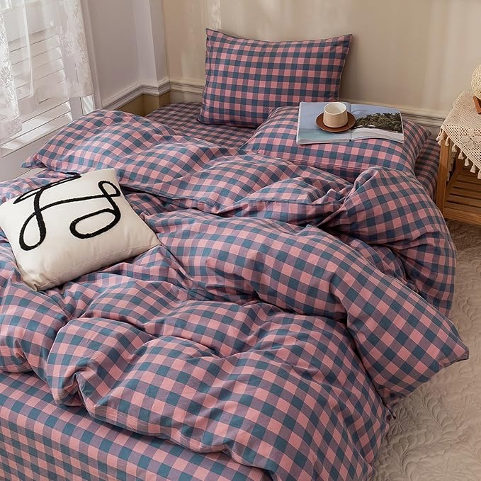 HighBuy King Size Comforter Set Gingham Bedding Set,Purple Grid Plaid Pattern Printed Comforter Set 3 Pieces Fluffy Comfortable, Vintage Checkered Boho Bedding Comforter with 2 Pillowcases