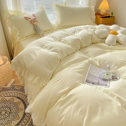 MOOWOO Chic Ruffle Lace Polyester Duvet Cover Set -Girl Yellow Bedding-3 Piece Queen Duvet Cover with Zipper Closure -Ultra Soft and Light Weight(Light Yellow, Queen)