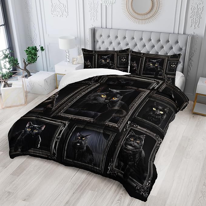 Black Cat Comforter Set for Girls - Kawaii Twin Size Bedding for Teens, Cute Room Decor