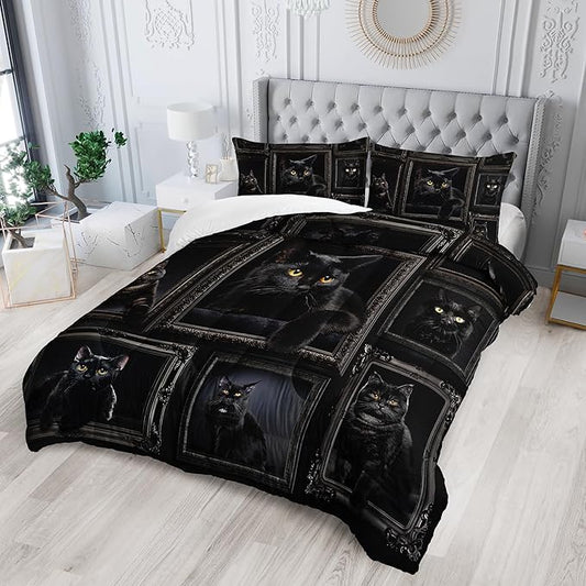 Black Cat Comforter Set for Girls - Kawaii Twin Size Bedding for Teens, Cute Room Decor