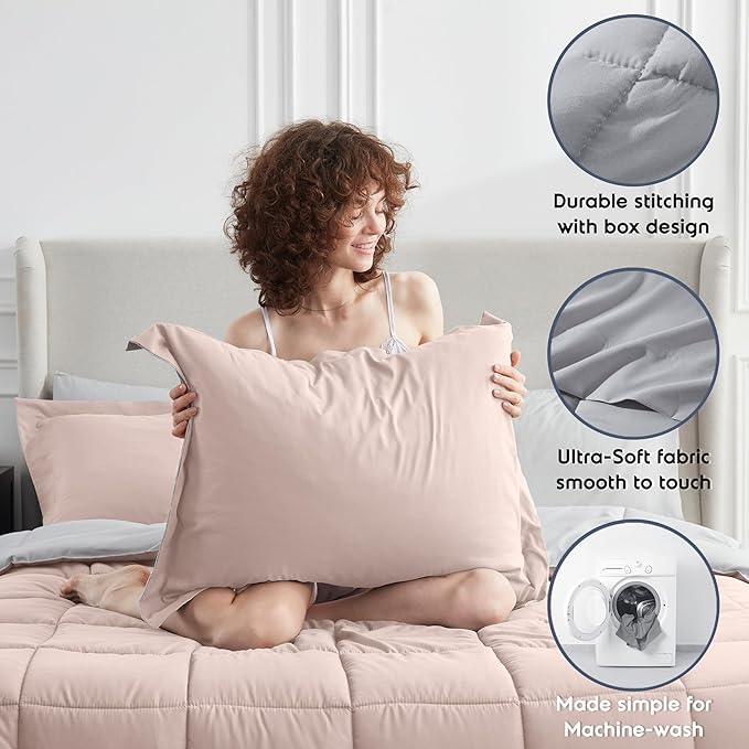 Nestl 7 Piece Full Comforter Set – Blush Pink Reversible Bed in a Bag – Complete Full Size Bedding Set with Sheets, Pillowcases and Shams