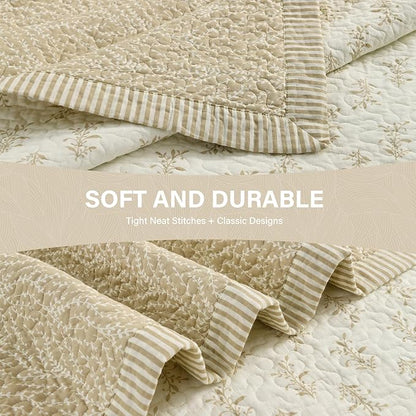 SahSahCasa Quilt Set Queen Size, 100% Cotton Quilt Bedding Set Bedspread, Botanical Pattern Solid Color Chic Lightweight Quilted Comforter for Queen Bed, White/Oatmeal, All Season, 3 Pieces