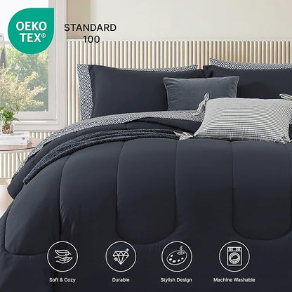 Monbix King Size Comforter Set - 7 Pieces Bed in a Bag King, Blue Grey Track Stitching Bedding Sets with Comforter, All Seasons Comforter Bed Set with Sheets, Pillowcases & Shams