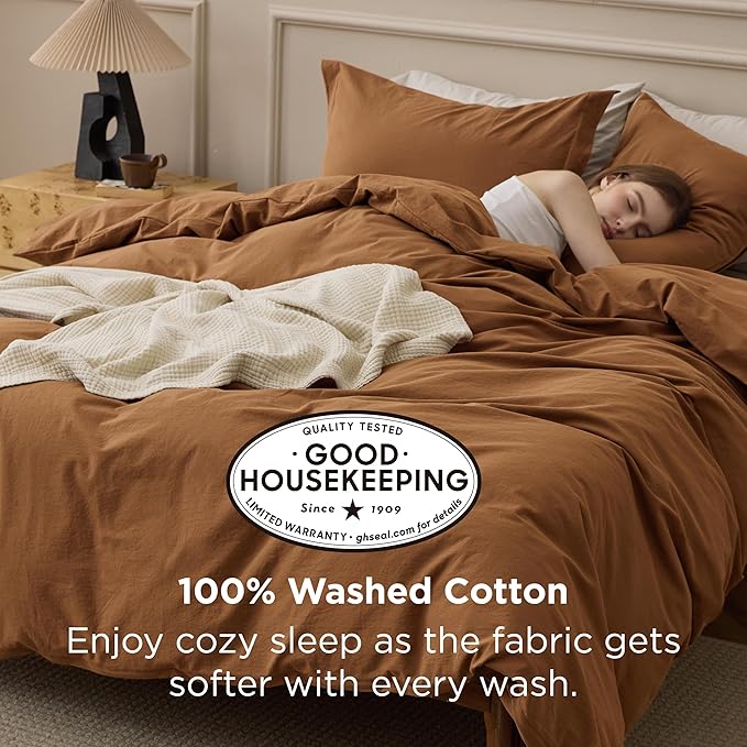 Bedsure 100% Washed Cotton Duvet Cover Queen Size - Hazelnut Brown Minimalist Bedding Set Linen Like - PureWoven Plain Simple & Soft Comforter Cover for All Seasons (Hazelnut Brown, Queen, 90"x90")