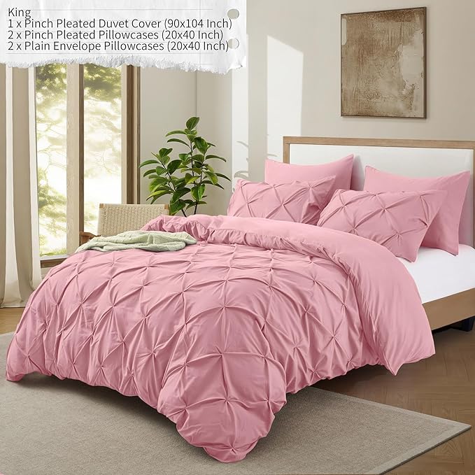 VACVELT 5 Piece Pinch Pleated Duvet Cover King Size Set, Pink Pintuck Duvet Cover with Zipper & 8 Ties, Shabby Chic Microfiber Duvet Cover + 2 Pillow Shams + 2 Pillowcases, No Comforter
