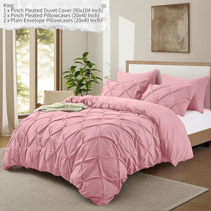 VACVELT 5 Piece Pinch Pleated Duvet Cover King Size Set, Pink Pintuck Duvet Cover with Zipper & 8 Ties, Shabby Chic Microfiber Duvet Cover + 2 Pillow Shams + 2 Pillowcases, No Comforter