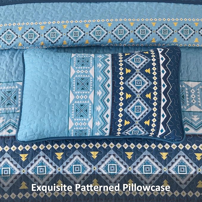 WONGS BEDDING Blue Quilt Set Queen,Boho 3 Pieces Bedspread Coverlet Set with Geometry Printed for All Season,Lightweight Morden Bohemian Bedding Set 96"×90"
