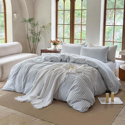 Striped Duvet Cover Set 100% Washed Cotton Linen Like Soft Feelling Breathable Bedding(White/Cornflower Blue Strip,King)
