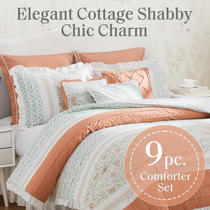 Madison Park Dawn 100% Cotton Shabby Chic Comforter Set-Modern Cottage Design All Season Down Alternative Bedding, Matching Shams, Bedskirt, Decorative Pillows, King(104"x92"), Coral 9 Piece